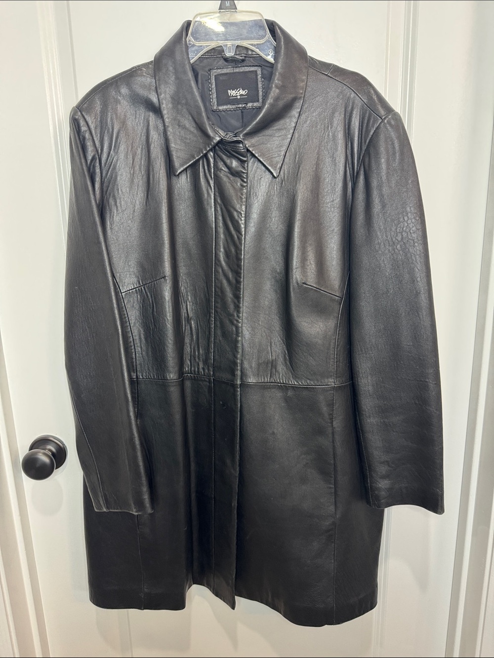 Massimo Black Leather Longcoat with Point Collar